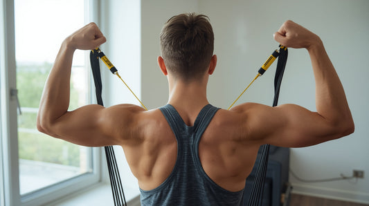 Person performing a resistance band shoulder press at home during a shoulder workout