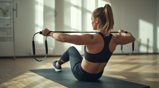 Beginner performing a resistance band back workout at home with proper posture
